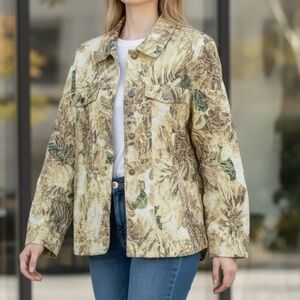 Analogy Floral-Print sz L Jean Jacket Stretch Yellow Tan Green Buttons Textured